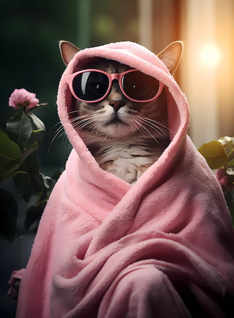 熱帯庭園の写真でサングラスを着たタオルに袖をかぶった可愛い猫のクローズアップ肖像画
