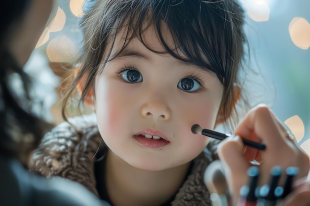 Closeup Portrait of a Cute Child Getting Makeup Applied Gently Under Bright Lights