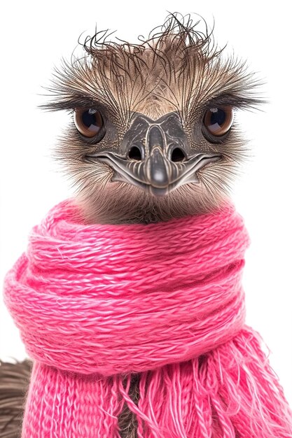Closeup portrait of cute emu in pink scarf on white