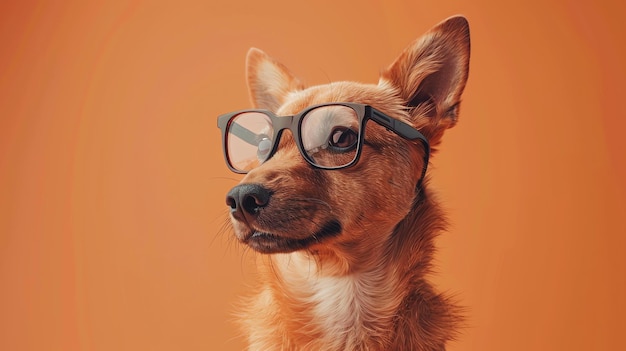 A closeup portrait of a cute and intelligent looking dog wearing hornrimmed glasses