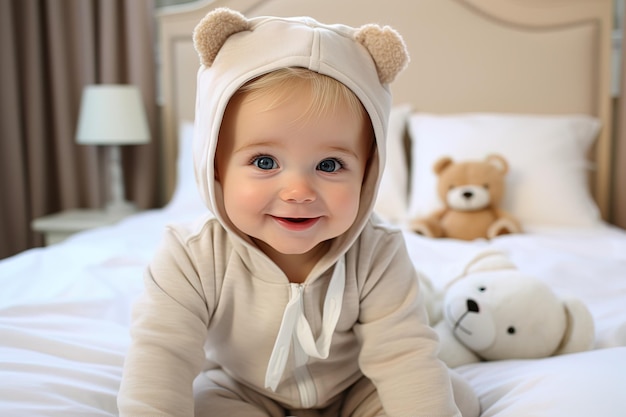 Photo closeup portrait cute little baby in fluffy bear pajamas with ears on a cozy bed among plush toys