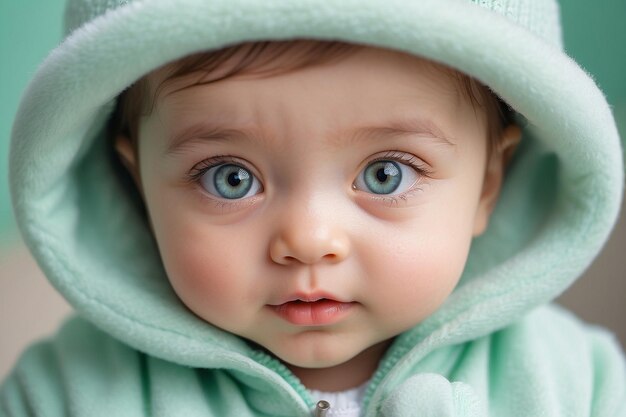 Closeup portrait of a cute ruddy baby girl in a warm mintcolor