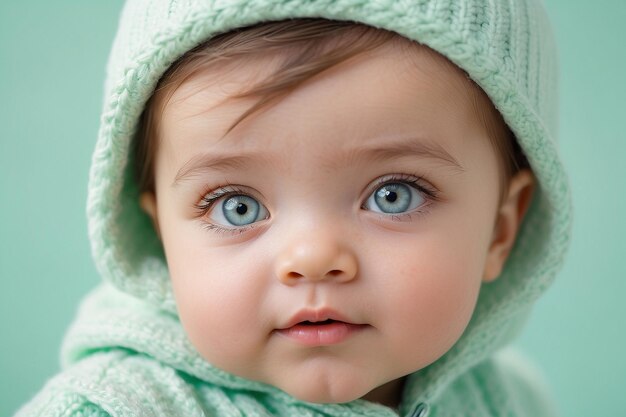 Closeup portrait of a cute ruddy baby girl in a warm mintcolor