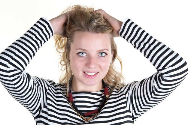 Closeup portrait of cute young business woman smiling