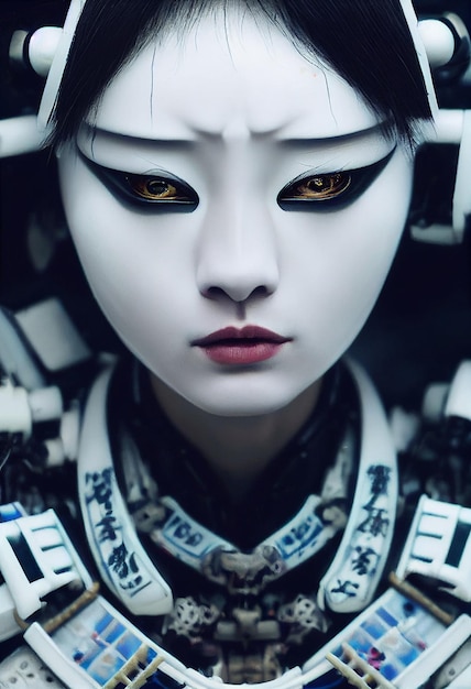 Foto ritratto del primo piano di cyberpunk japan samurai male femaletechnology art ai generated art