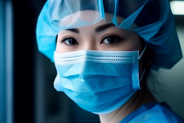 マスクと医療帽子をかぶったユニフォームを着た専念したアジア人女性医師のクローズアップ肖像画