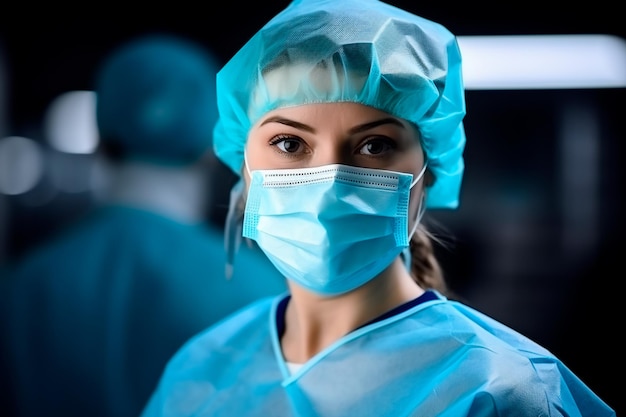 Closeup portrait of a dedicated european female doctor in uniform wearing a mask and medical cap