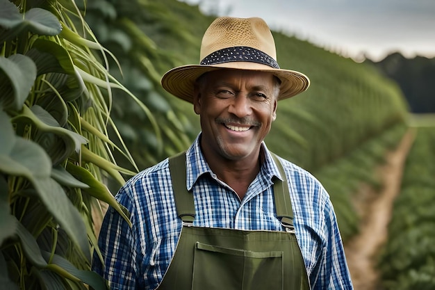 Closeup portrait of a delighted middleaged farmer wearing overalls