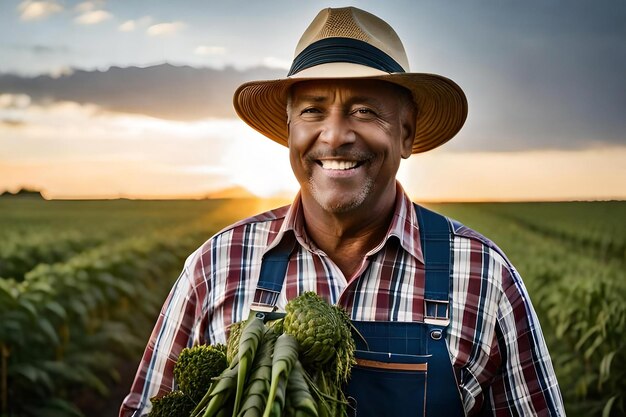 Closeup portrait of a delighted middleaged farmer wearing overalls