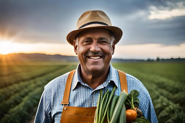 Closeup portrait of a delighted middleaged farmer wearing overalls