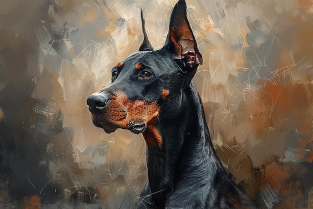 Foto ritratto in primo piano doberman pinscher ritratto di cane su sfondo di pittura ad olio