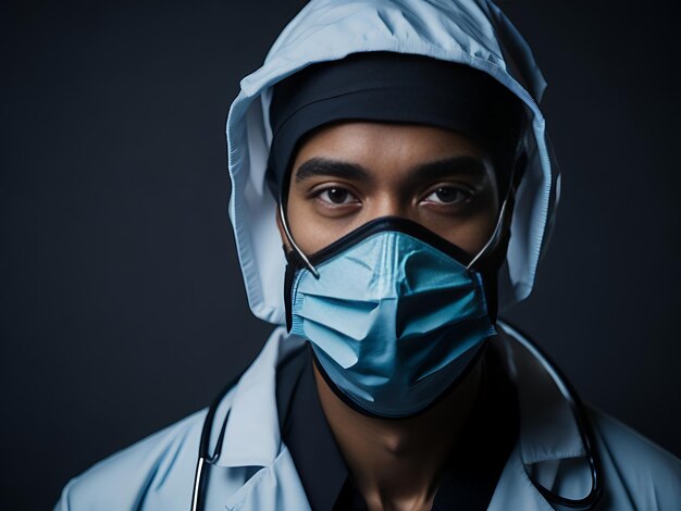 Photo closeup portrait of doctor in full medical protection mask and cap