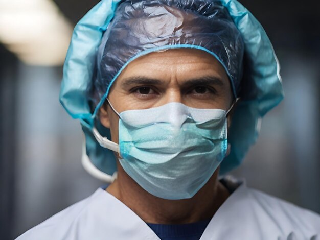 CloseUp Portrait of Doctor in Full Medical Protection Mask and Cap