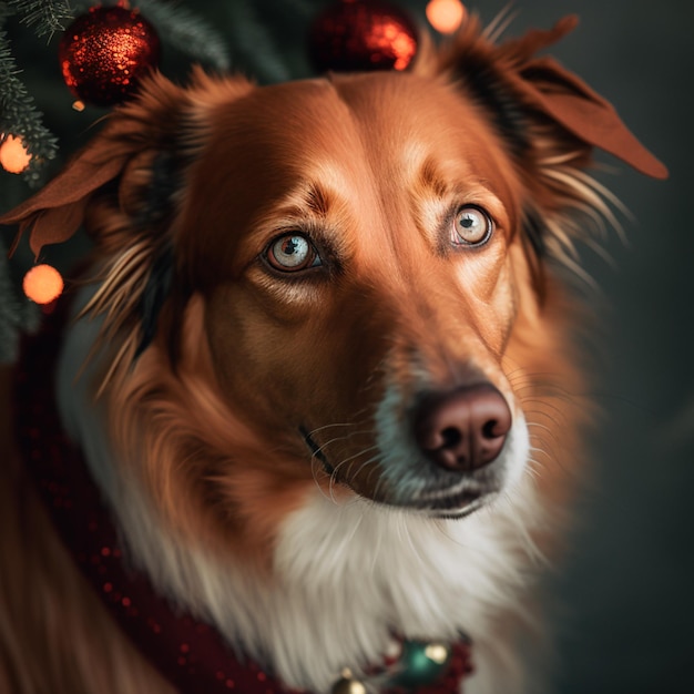 Closeup portrait of a dog merry christmas and happy winter holidays