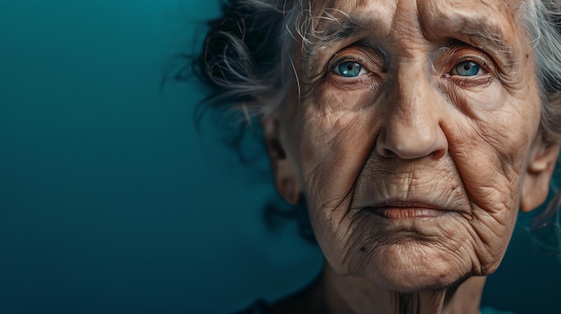 Photo closeup portrait of an elderly woman with a weathered face and blue eyes she is looking at the camera with a serious expression