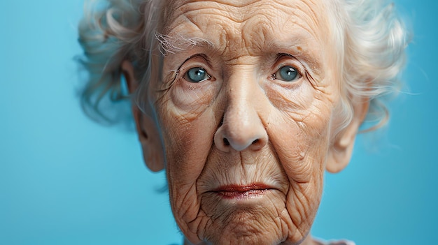 Photo closeup portrait of an elderly woman with white hair and blue eyes she has a wrinkled face and is looking at the camera with a serious expression