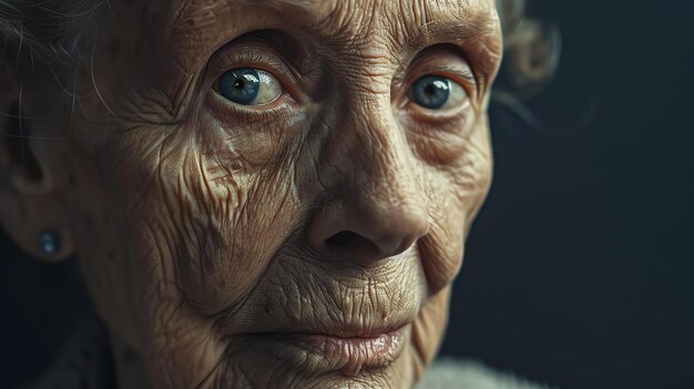 Closeup portrait of an elderly womans face The woman has wrinkles and age spots but her eyes are still bright and full of life