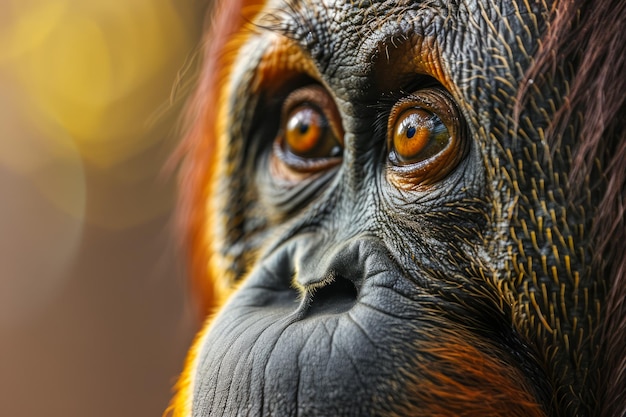 鮮やかなオレンジ色の目と細かい毛皮を持つ 表現力のある黄金の爪の霊長類のクローズアップ肖像画