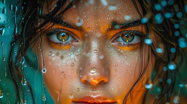 Closeup portrait of a face of a beautiful girl with raindrops on the glass