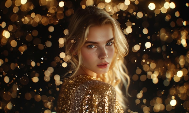 Closeup portrait of fashion blonde woman in golden glittery dress on night background with bokeh