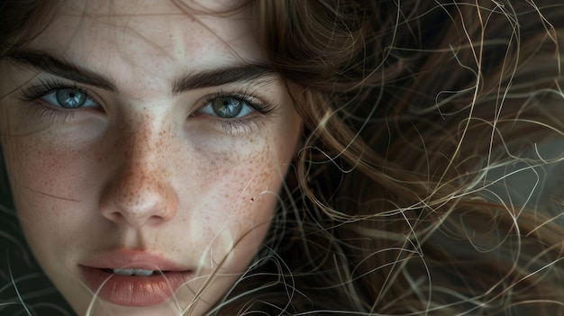 Портрет крупного плана, изображающий женщину с интенсивными сосредоточенными глазами, ее волосы украшены нежными