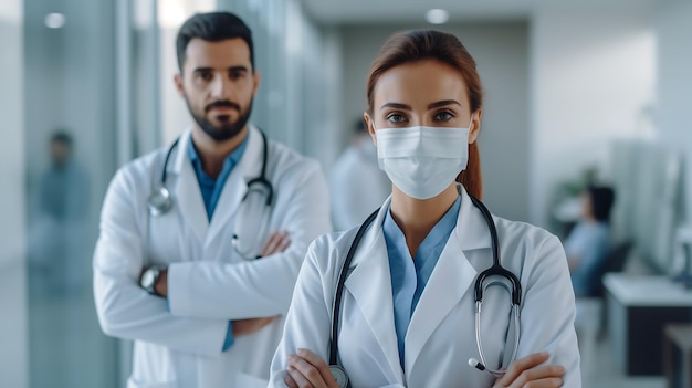 Closeup portrait of a female and male doctors against the backdrop of hospital reated with Generative AI technology