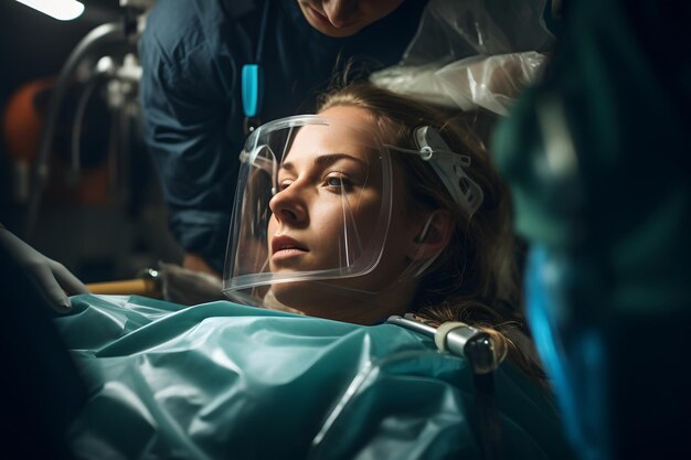 Closeup portrait of a female patient in the operating room ia generated