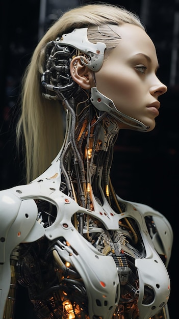 Closeup portrait of a female robot with futuristic hairstyle