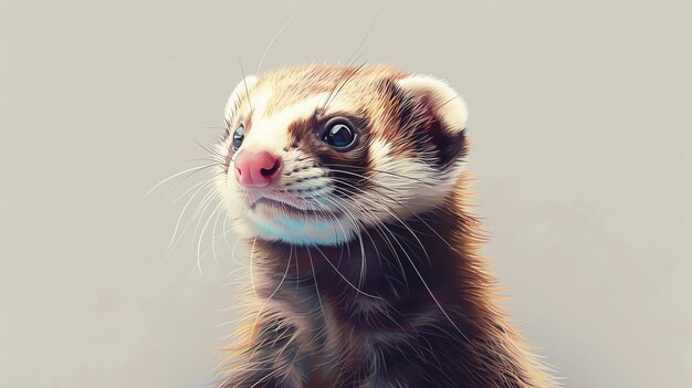 A closeup portrait of a ferret looking up and to the side with its whiskers bristling