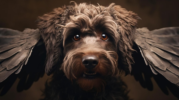 Closeup portrait of fluffy labradoodle dog in rim