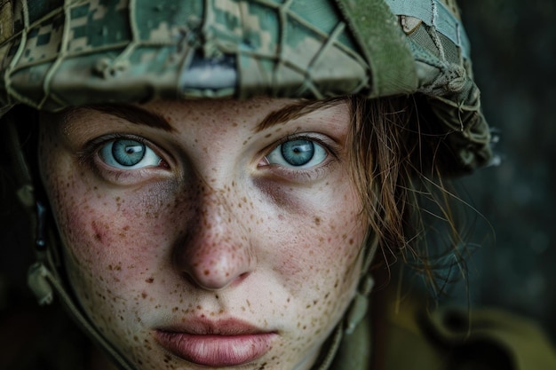 Photo closeup portrait of a focused female soldier in camouflage gear showcasing her piercing blue eyes and the subtle details of her freckled face conveying strength and determination