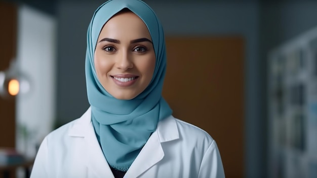 Closeup portrait of friendly smiling confident muslim female doctor with hijab Generative Ai