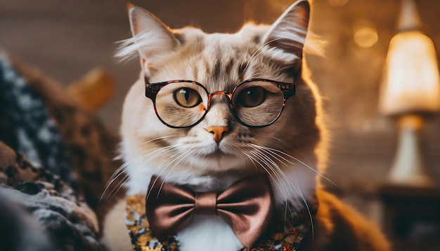 Foto ritratto in primo piano di un gatto divertente che indossa occhiali e cravatta a fiocco all'interno di una stanza sfocata