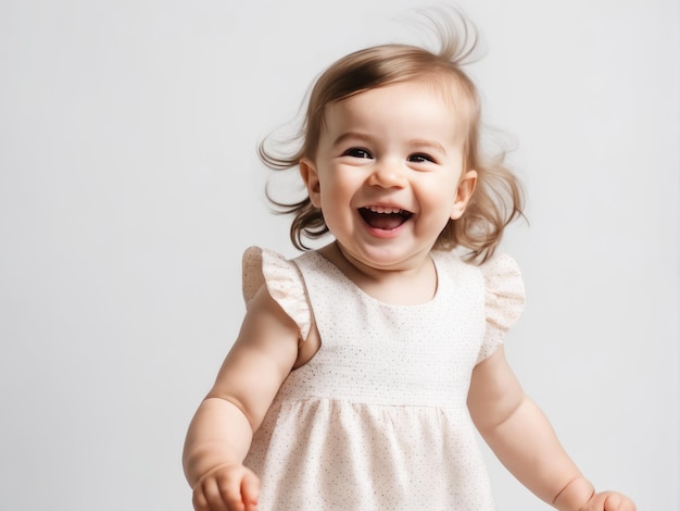 Photo closeup portrait of funny chubby baby with laughing expression