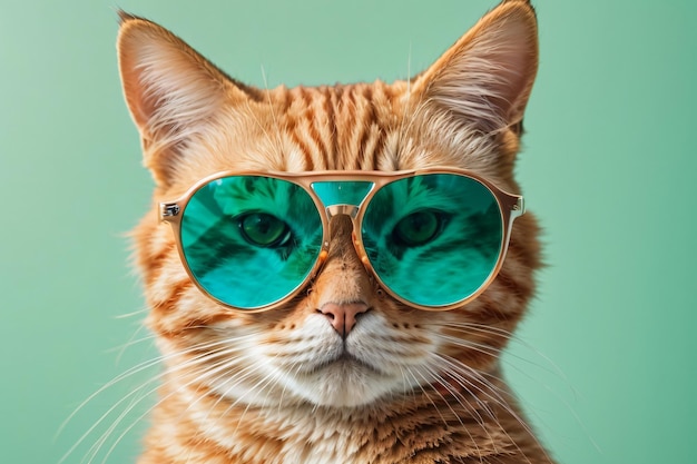 Closeup portrait of funny ginger cat wearing sunglasses isolated on light cyan Ai Generative