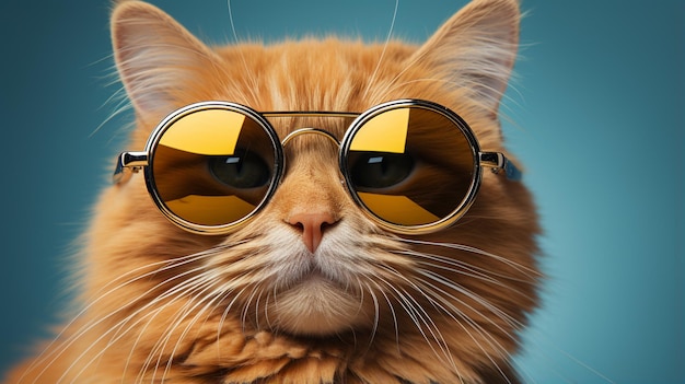 Closeup portrait of funny ginger cat wearing sunglasses isolated on pastel color background