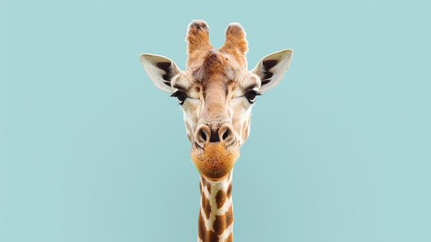 Closeup portrait of a giraffe on a blue background The giraffe is looking at the camera with a slightly angled neck