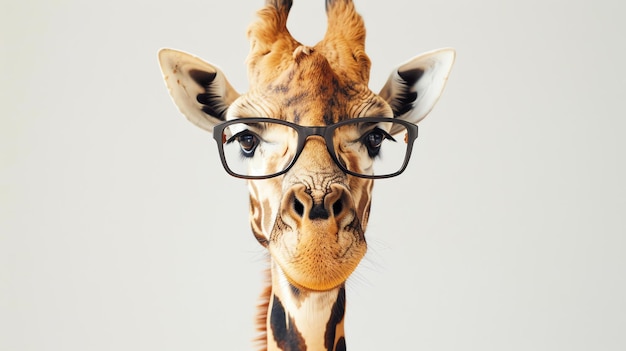 Photo closeup portrait of a giraffe wearing hornrimmed glasses the giraffe is looking at the camera with a curious expression