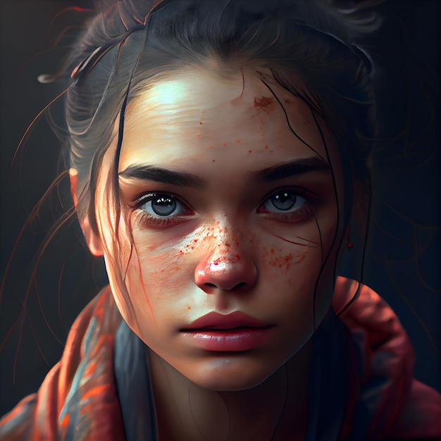 Closeup portrait of a girl with blood on her face