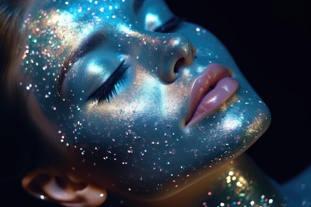 Closeup portrait of a girl with blue glitter applied to her face