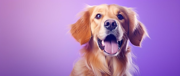 A closeup portrait of a golden retriever puppy on a purple background