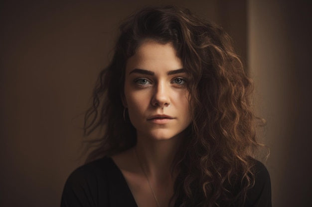 Closeup portrait of a gorgeous woman with curly dark brown hair wearing a sleek black outfit