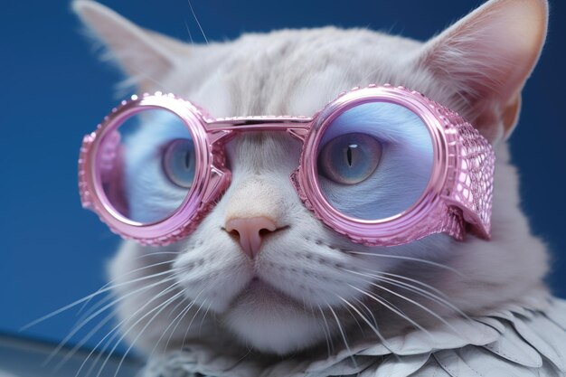 Closeup portrait of a gray serious cat with pink glasses