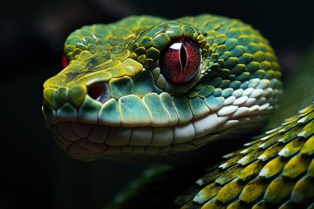 Photo closeup portrait of a green pit viper with red eye snake elaphe dione ai generated