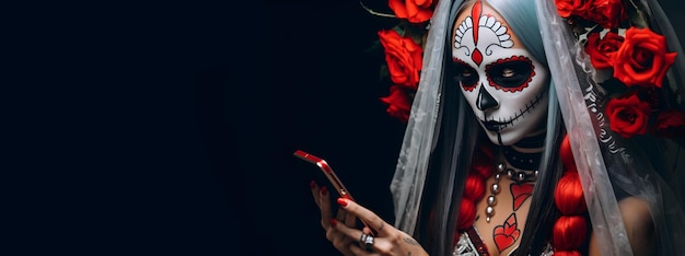 Closeup portrait of halloween girl Calavera Catrina using her smartphone