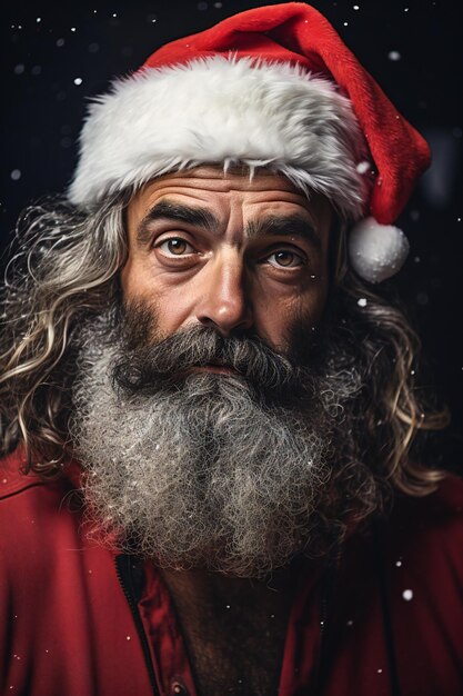 Closeup portrait of a handsome bearded man with long white beard and hair in a red shirt and hat of