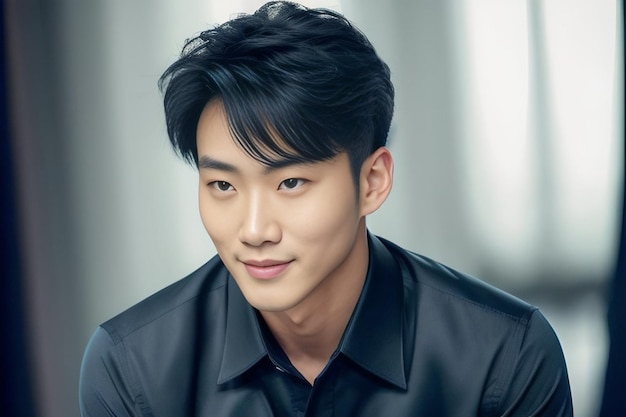 Closeup portrait of a handsome Korean man in a black shirt on a light background