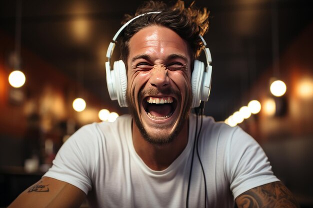 Closeup portrait of handsome middleaged man in tshirt wearing cool white headphones hipster with