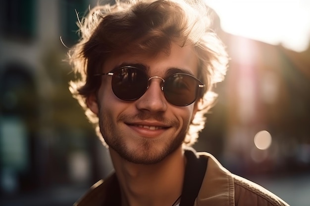 Closeup portrait of a handsome young man in sunglasses on the street