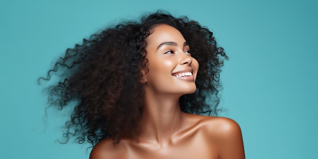 Closeup portrait of a happy beautiful African American woman in her 20s Luxurious young woman with a short hair over pink background